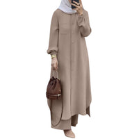 Chic Modern Abaya Set – Long Sleeve Top and Casual Pants Suit for Women (4 Colors)