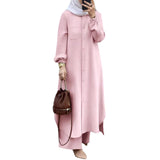 Chic Modern Abaya Set – Long Sleeve Top and Casual Pants Suit for Women (4 Colors)