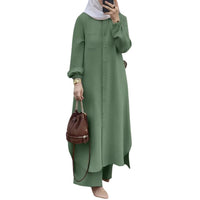 Chic Modern Abaya Set – Long Sleeve Top and Casual Pants Suit for Women (4 Colors)