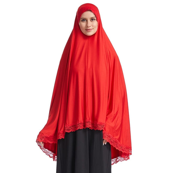 Women's Solid Laced Prayer Hijab Khimar Top – Modest Scarf (6 Colors)