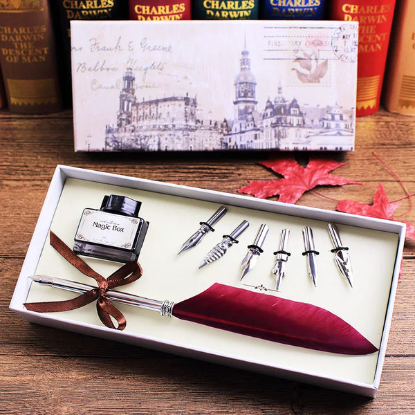 Vintage Feather Quill Dip Pen Set with 6 Nibs and Ink - Perfect Calligraphy Gift Box