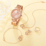 Luxury Women's Watch and Connected Hearts Jewelry Set - Rhinestone Embellished