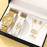 Luxury Women's Watch and Connected Hearts Jewelry Set - Rhinestone Embellished