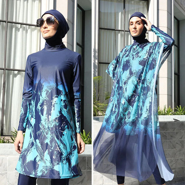 Modest Burkini Swimwear Set for Women - Swimsuit, Hijab, Pants, Optional Shawl | Floral Design | Sizes M To Plus Size 6XL