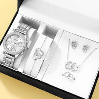 Luxury Women's Watch and Connected Hearts Jewelry Set - Rhinestone Embellished