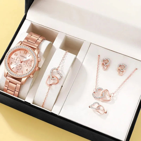 Luxury Women's Watch and Connected Hearts Jewelry Set - Rhinestone Embellished