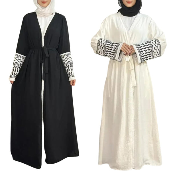 Elegant Open Front Abaya with Tassel Embroidery – Long Sleeve Maxi Cardigan Dress for Women